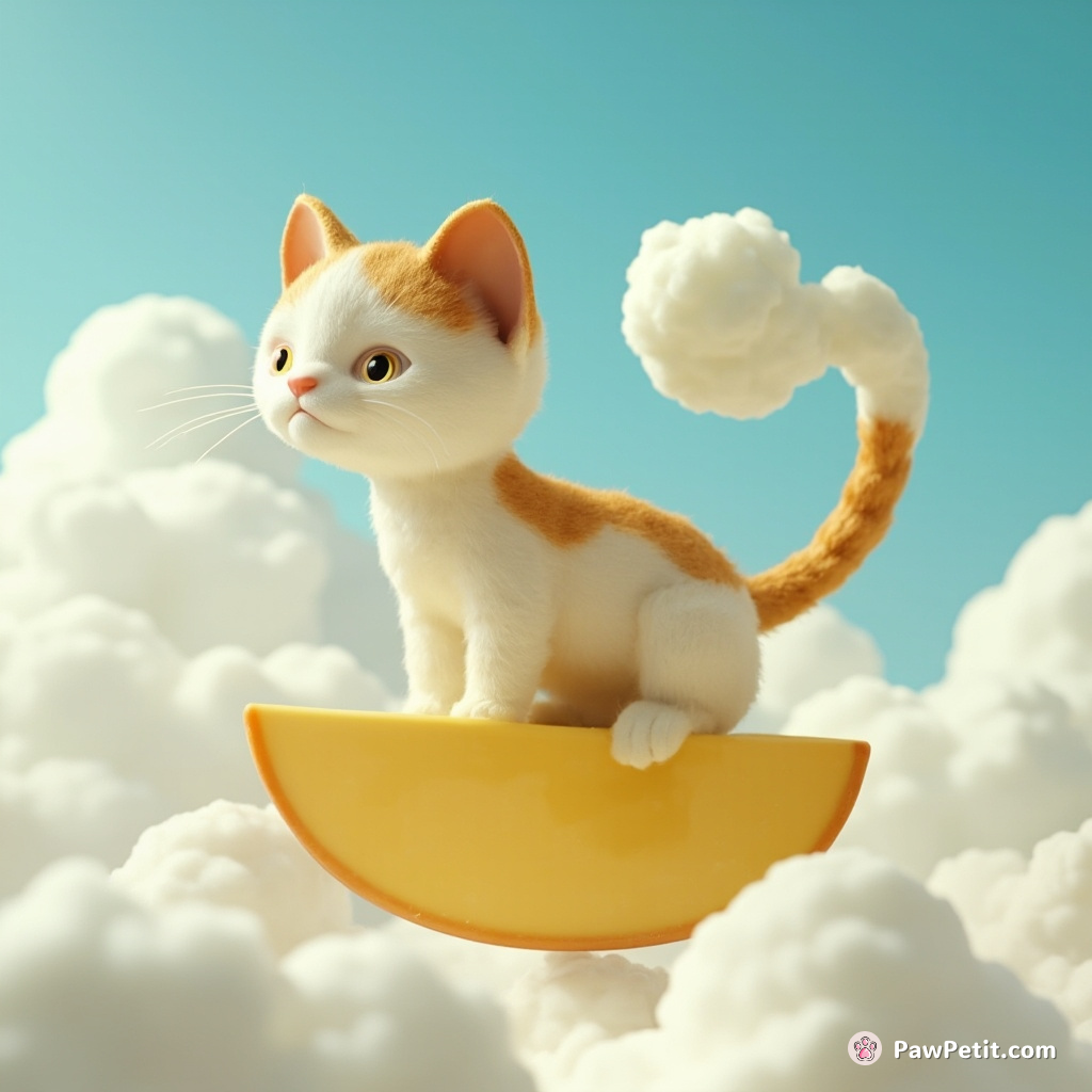 A cat shaping cloud sculptures with its tail from atop a floating slice of cheese.
