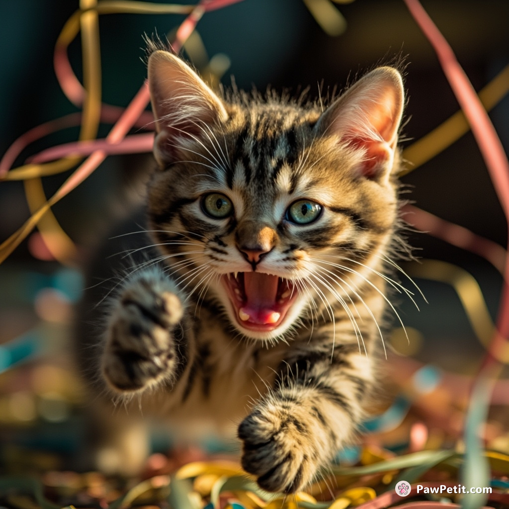 The cat leaps, claws out, frantically trying to escape the tangle of strings and ribbons.