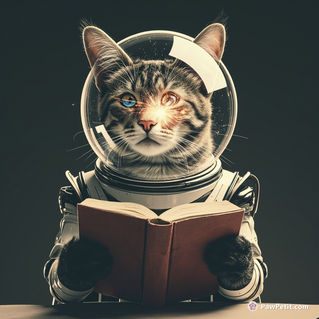 Cybernetic cat simulating supernovas in its glass dome head while reading quantum mechanics textbook.