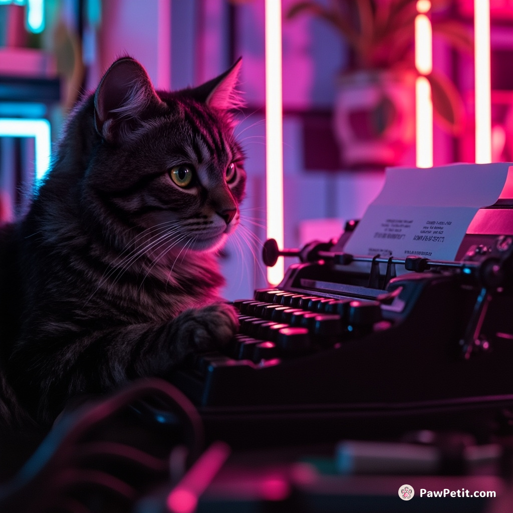 In a neon-streaked cyber-loft, a tabby meticulously typed on an anachronistic typewriter, eyes reflecting the scrolling text.