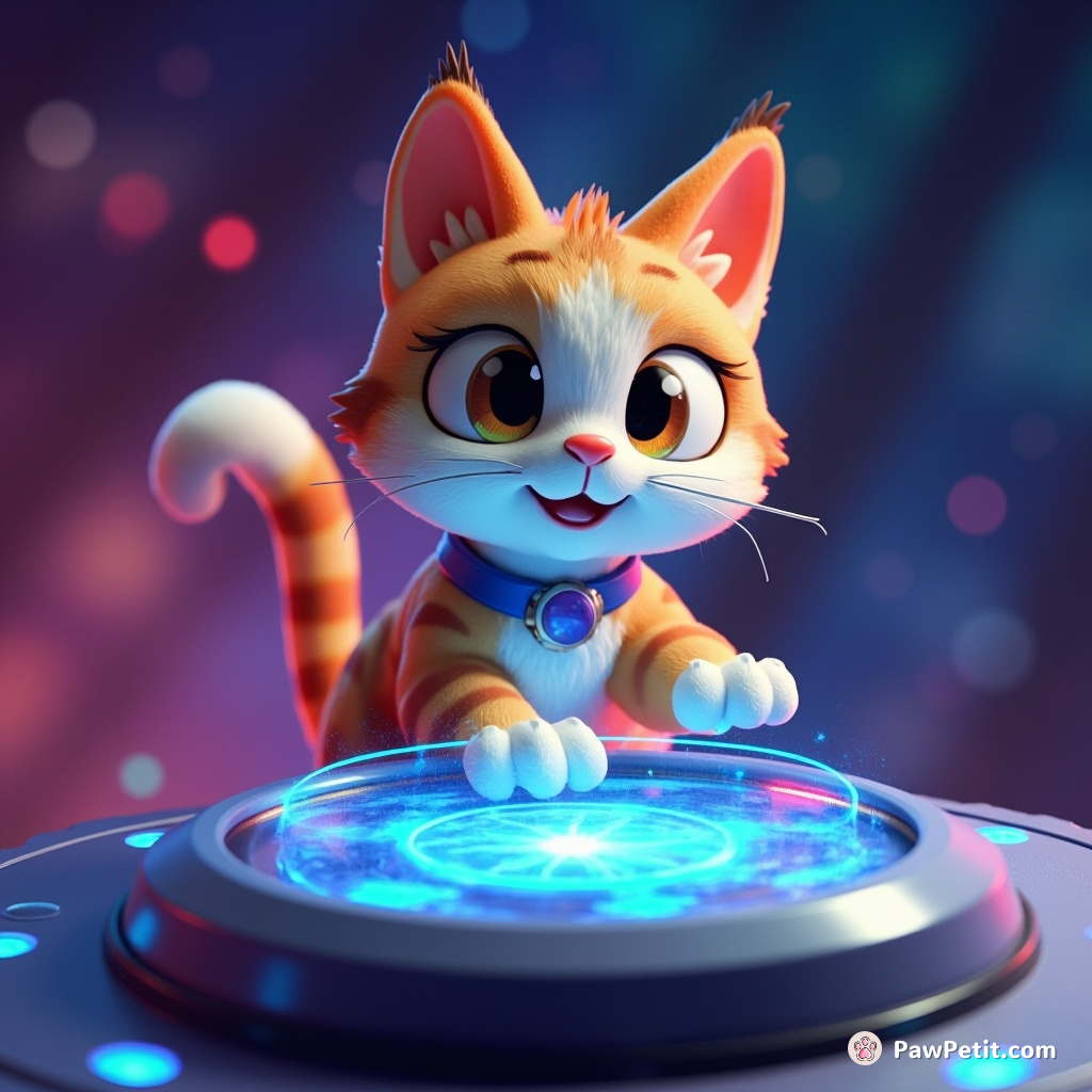 Cat swipes paw, activating an alien-tech console with a holographic map of the galaxy.