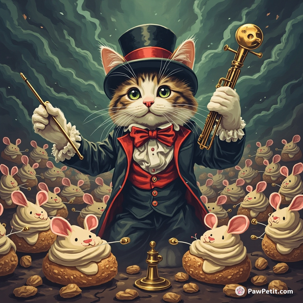 Cat conducting an orchestral symphony of mice, wearing top hat and tails, in the middle of a cream puff storm.