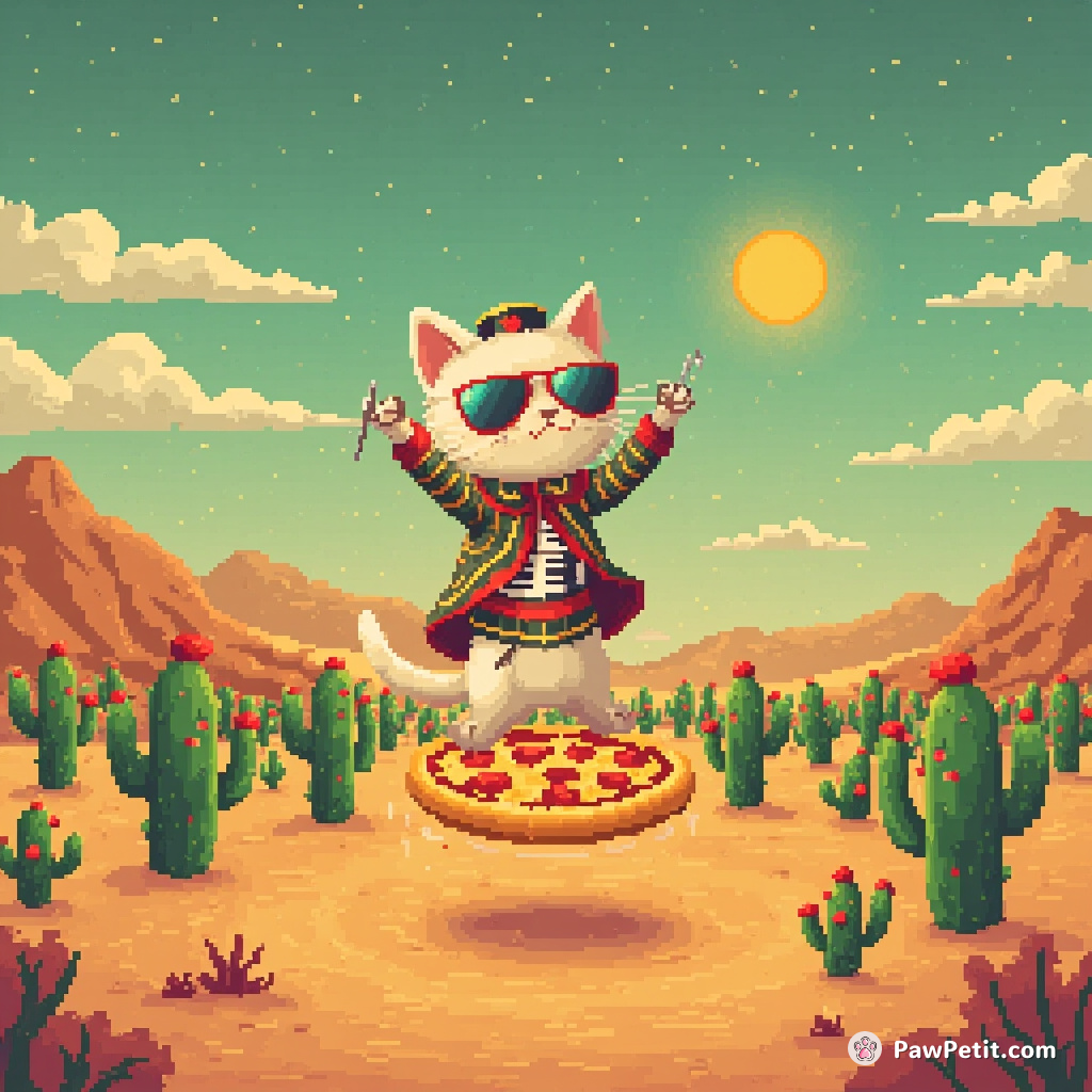Cat flawlessly conducting a symphony orchestra of cacti in a Sahara sandstorm, while balancing on a levitating slice of pizza.