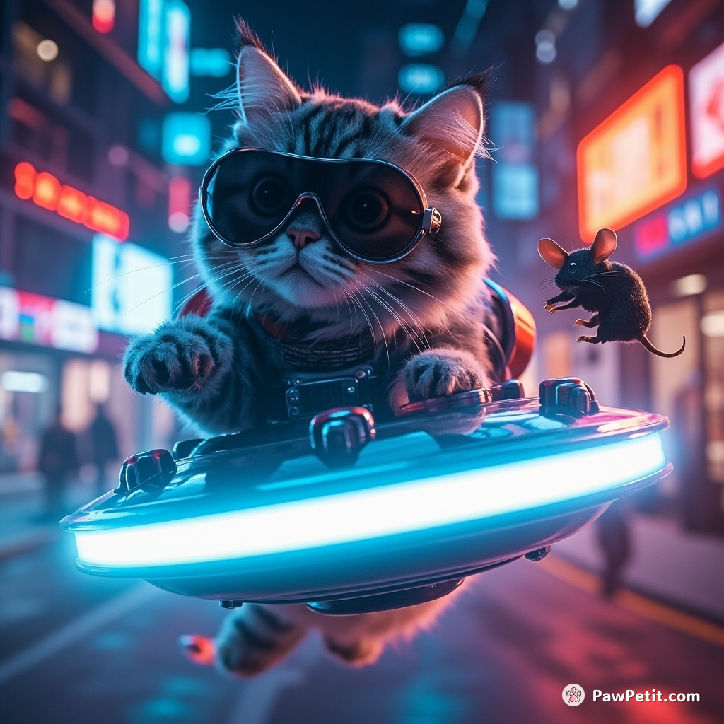 A cyborg cat pilots a levitating saucer, deftly swatting at holographic mice with its metallic paw.