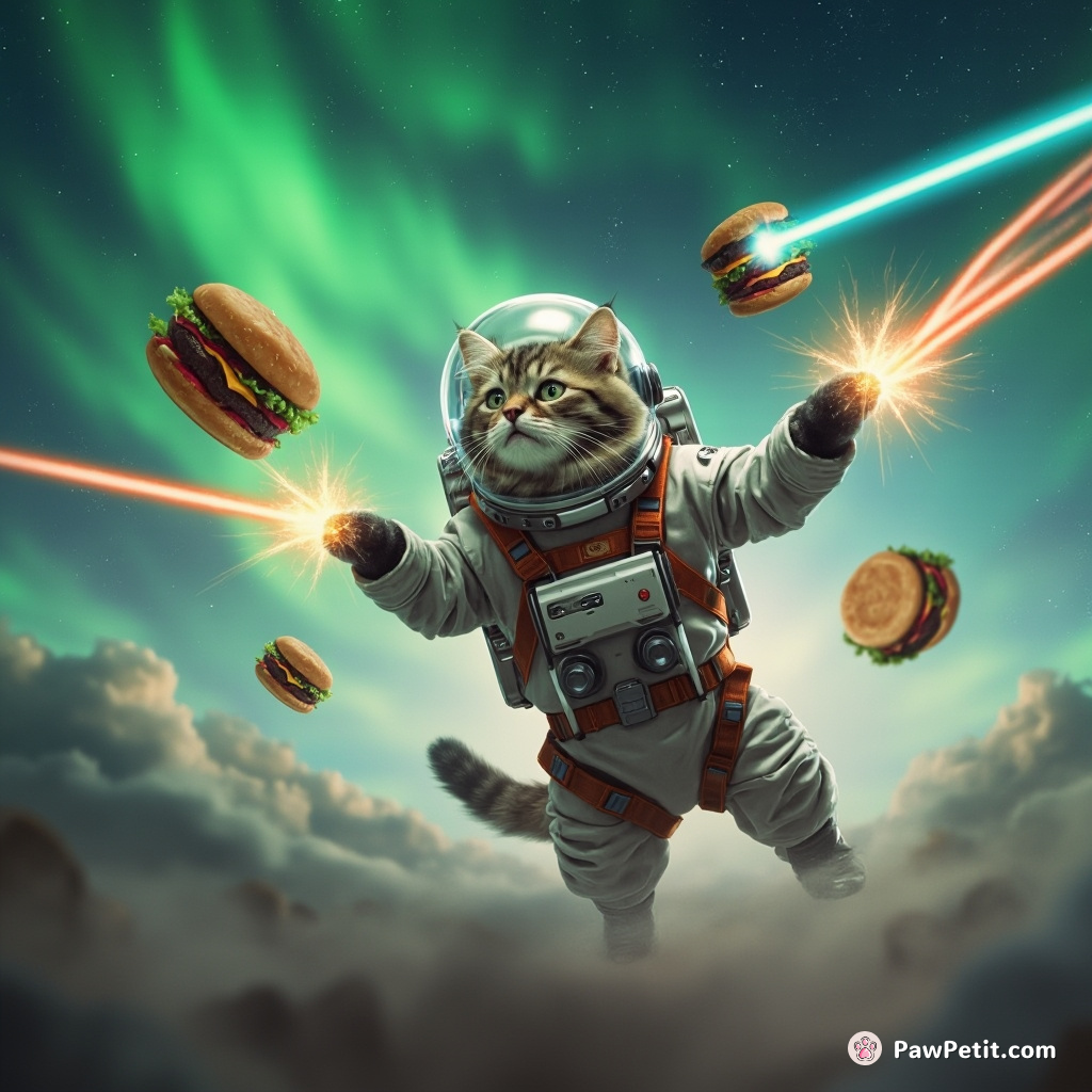 Cat dressed as a futuristic astronaut, battling floating cheeseburgers with laser beams amidst an aurora borealis skyscape.