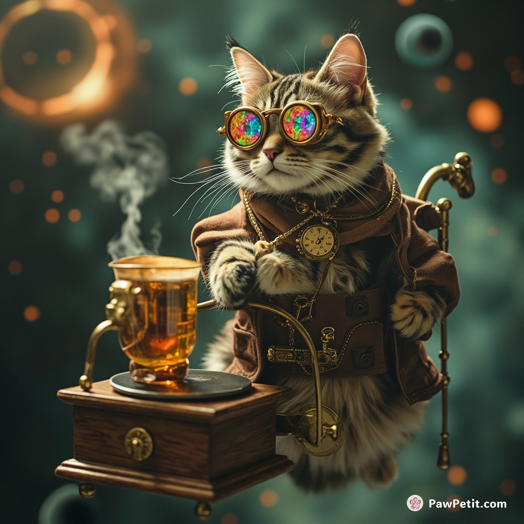 Steampunk cat with kaleidoscope eyes brewing tea on a floating antique gramophone in zero gravity.