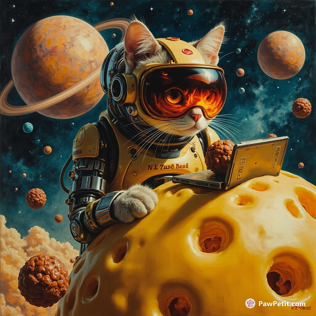 Cybernetic cat hacking a cheese planet with meatball asteroids in zero gravity.