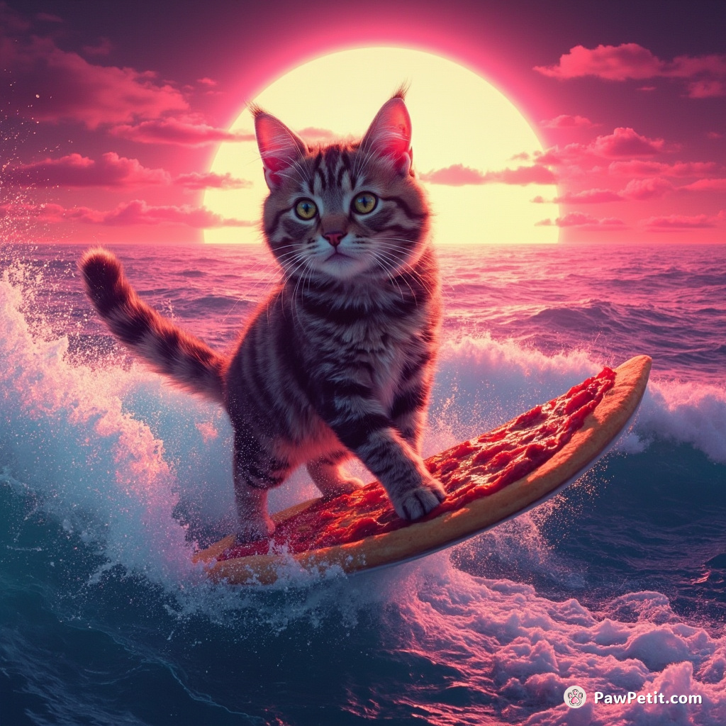 Cat triumphantly surfing a pizza slice across a mozzarella ocean under pepperoni sun.