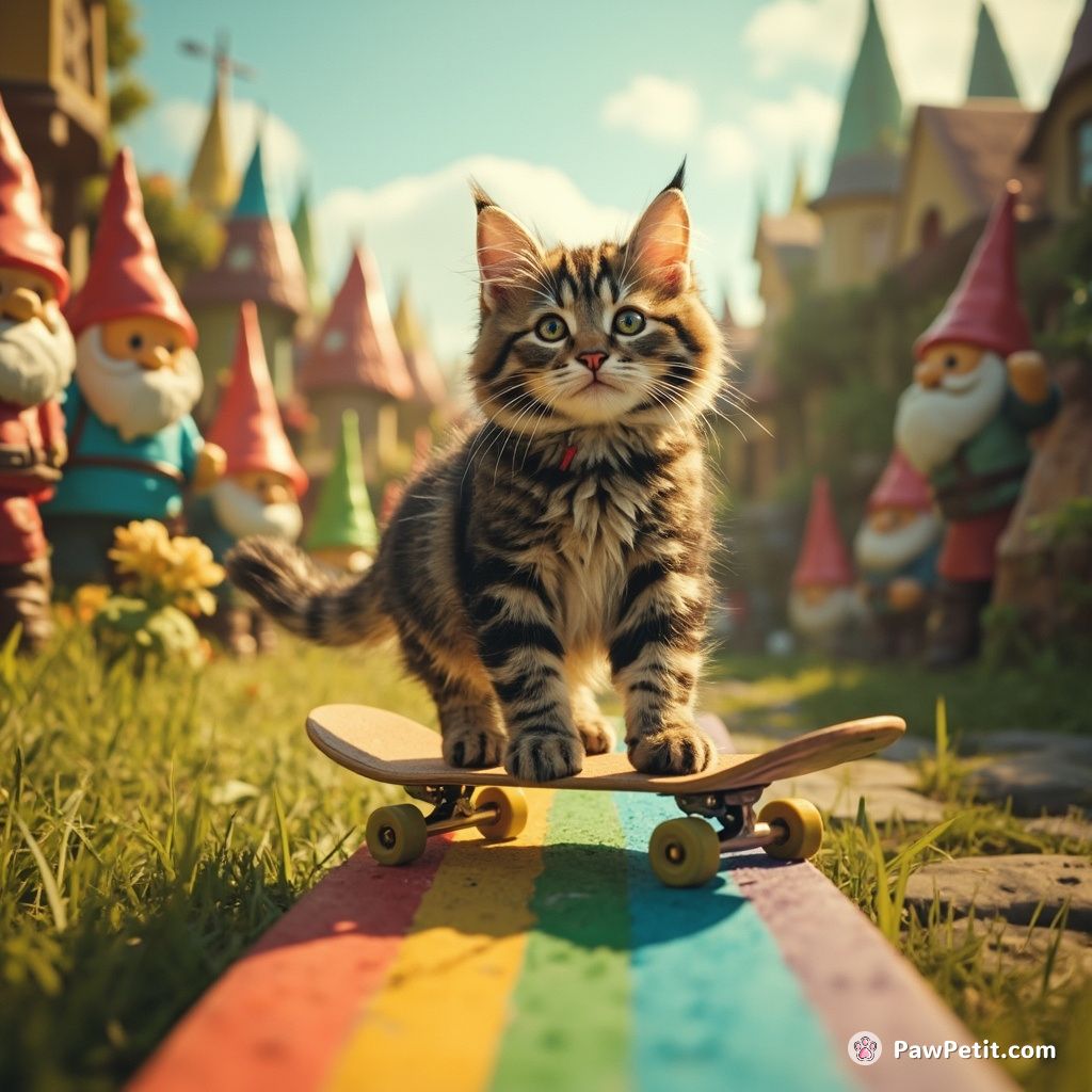 A tabby cat skateboarding down a rainbow that runs through a gnome village.