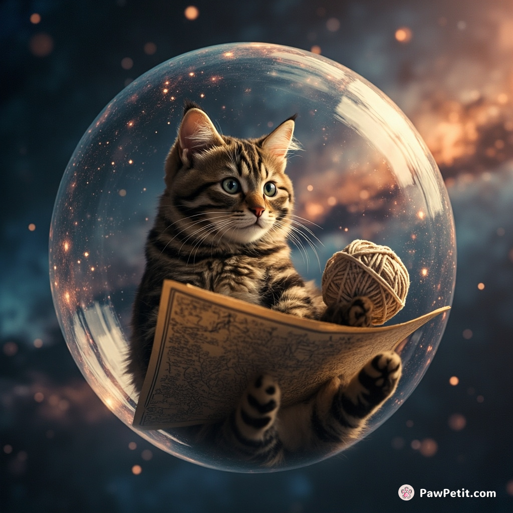 A cat reading a cosmic map while floating inside a nebula bubble, contemplating universe-warping yarn ball.