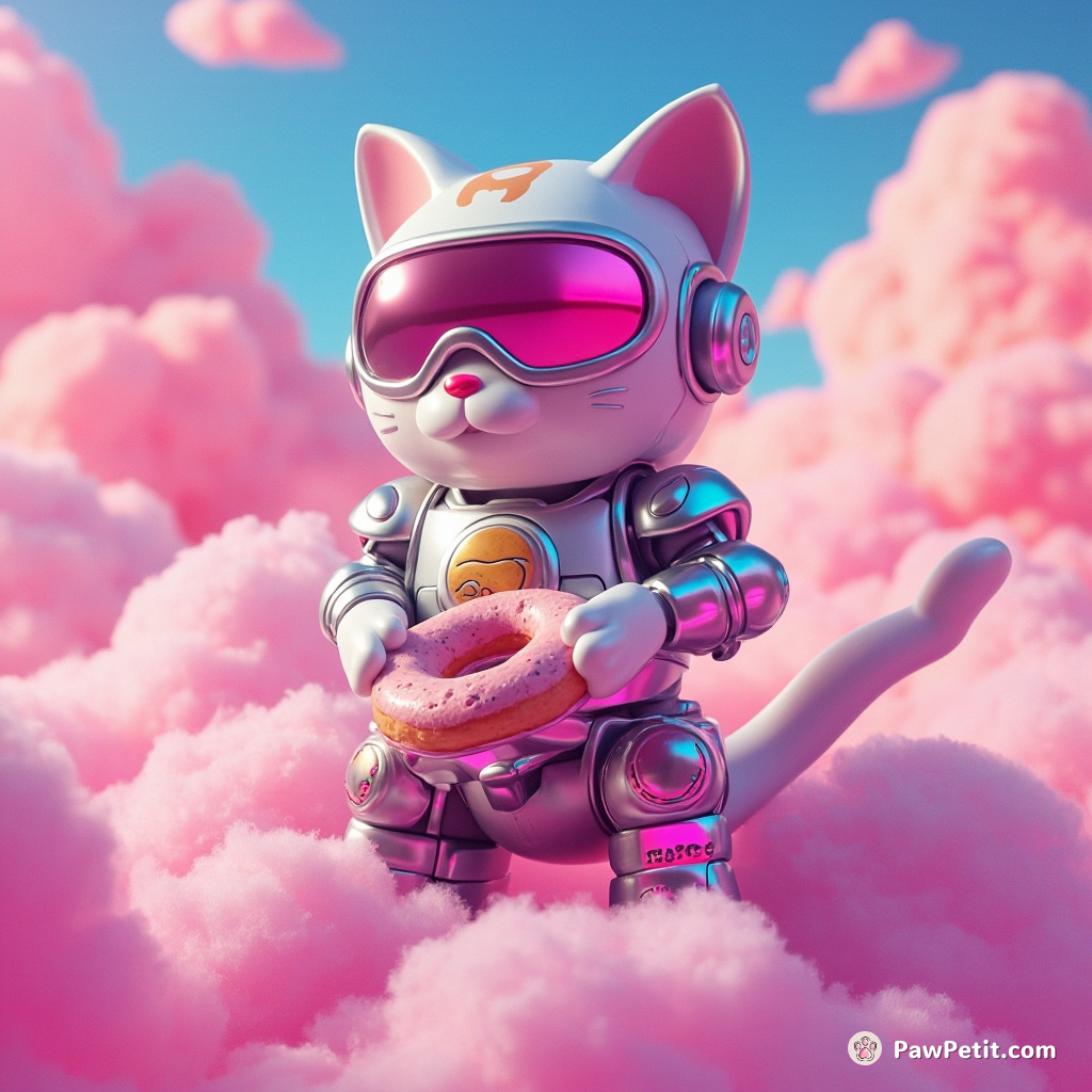 Cyborg cat flattening metallic donuts on a cloud made of cotton candy in an 80's neon universe.