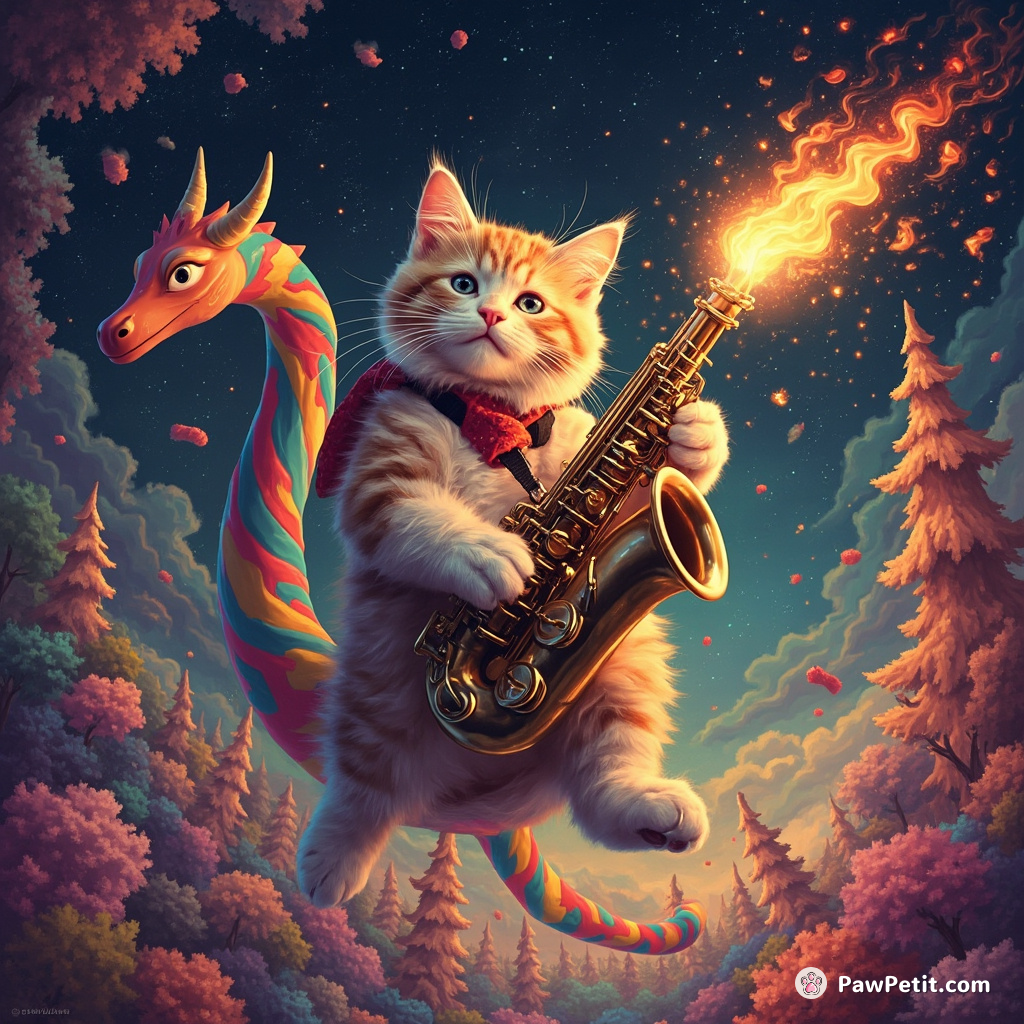 Swinging space cat playing flaming jazz saxophone atop a rainbow wyvern in a candy cane forest.