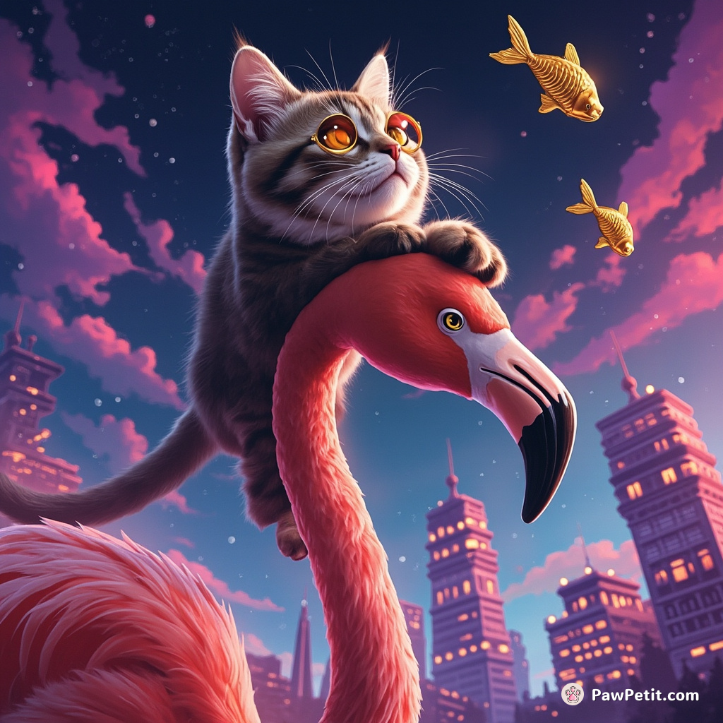 Cat balancing on a flamingo's beak while juggling mini golden fish statues against a neon city skyline.