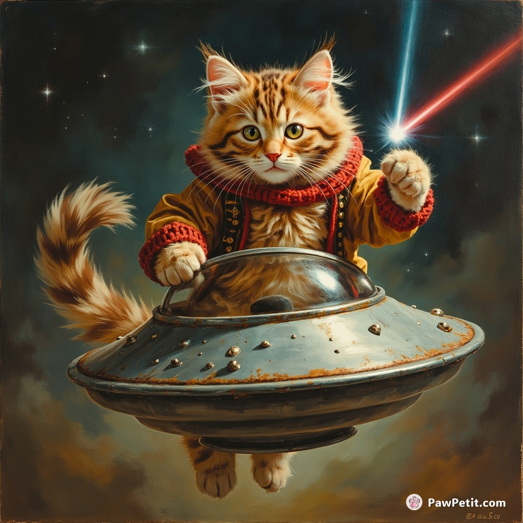 A flamboyant feline piloting a levitating saucer, dramatically juggling laser beams with its tail and whiskers.