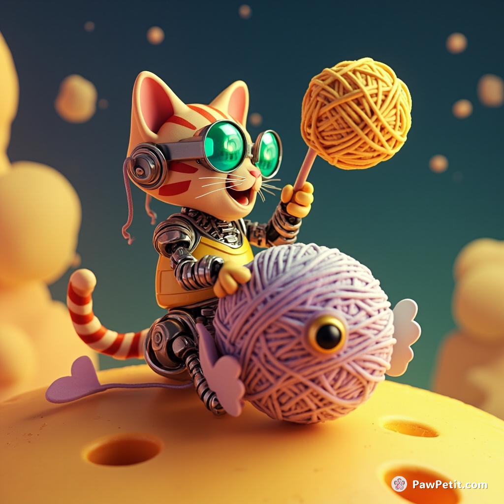 Cyborg cat plotting world domination on a cheese moon, using yarn ball supercomputer and telepathic fish sidekick.