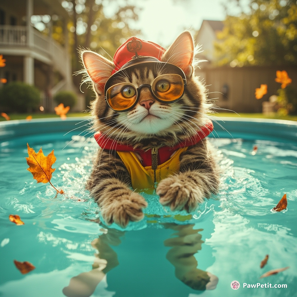 Common housecat dons lifeguard gear, epically 'rescue-swimming' a loose leaf in backyard kiddie pool.
