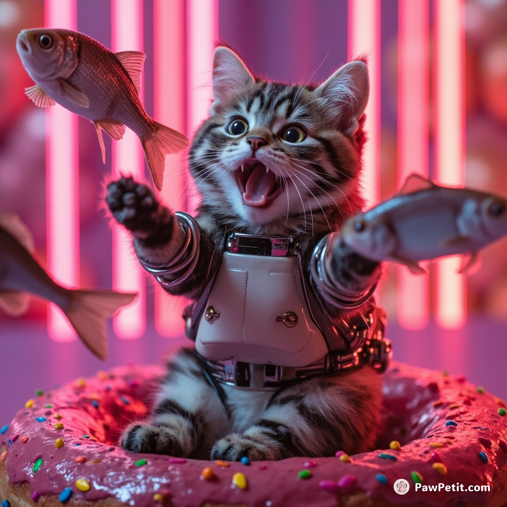 Cyborg cat joyfully juggling laughing fish in a vibrant neon frosted doughnut circus.