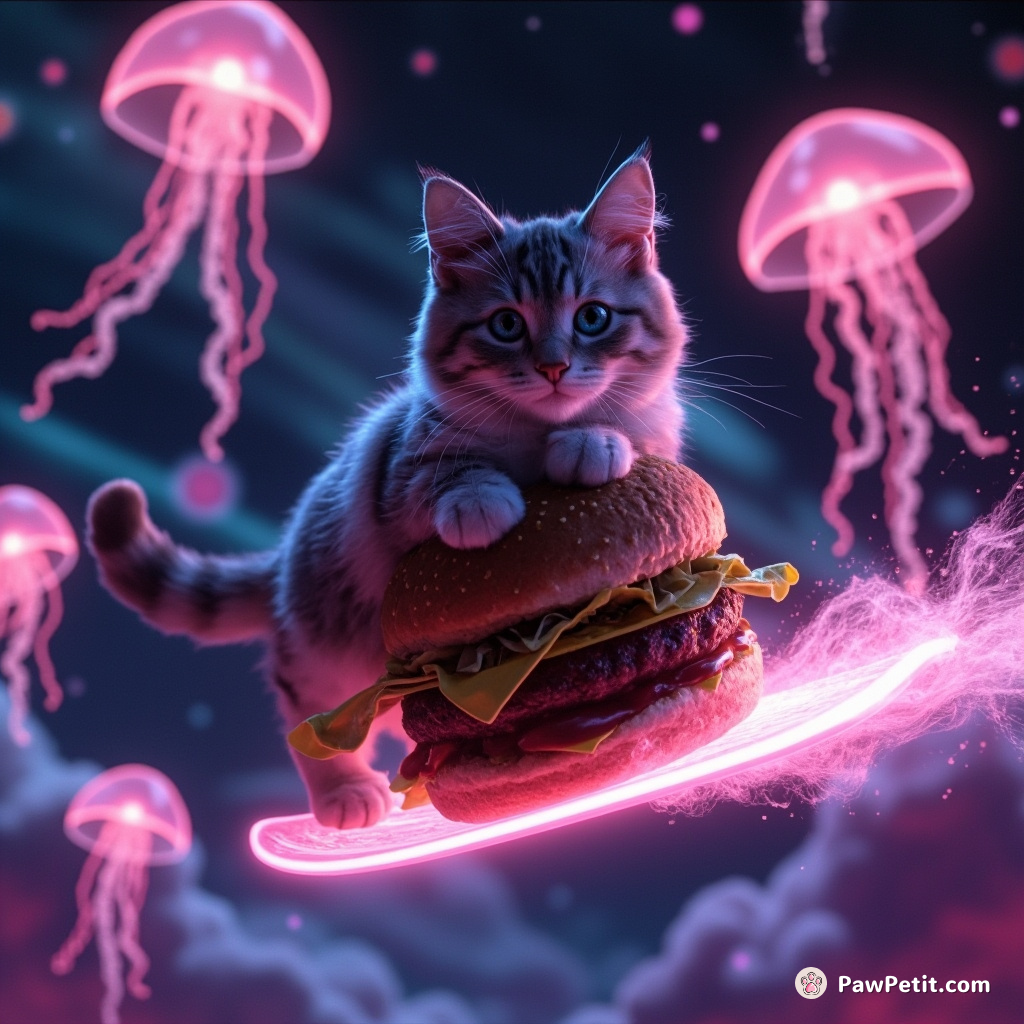 Cat surfing on a cheeseburger in outer space amidst glowing neon jellyfish.
