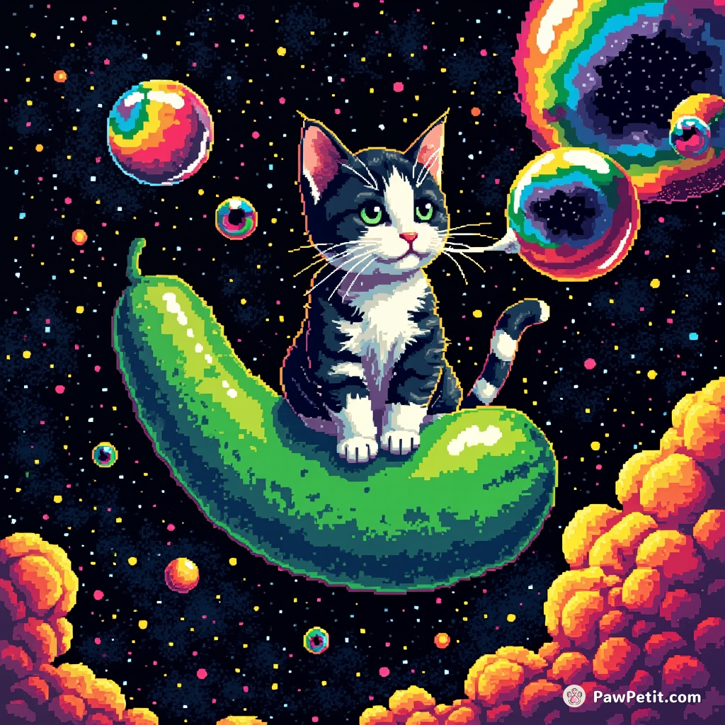 A black and white striped cat blowing psychedelic-colored bubbles on top of a giant floating cucumber in outer space.