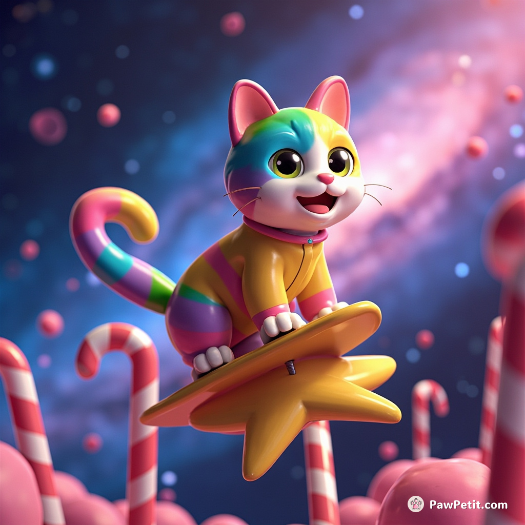 A rainbow-colored cat surfing on a twinkling star through candy canes in the Andromeda Galaxy.