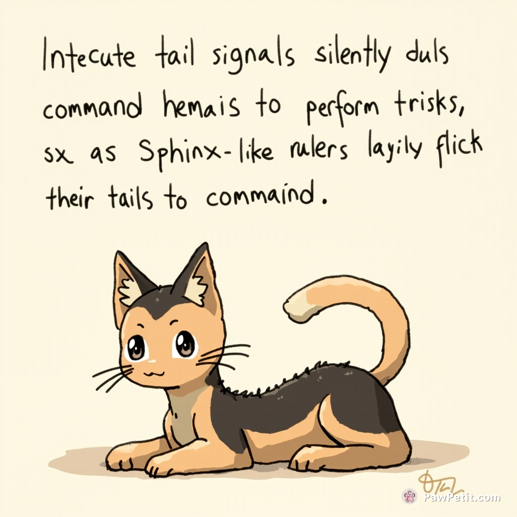 Intricate tail signals silently command humans to perform tasks, as Sphinx-like rulers lazily flick their tails in command.