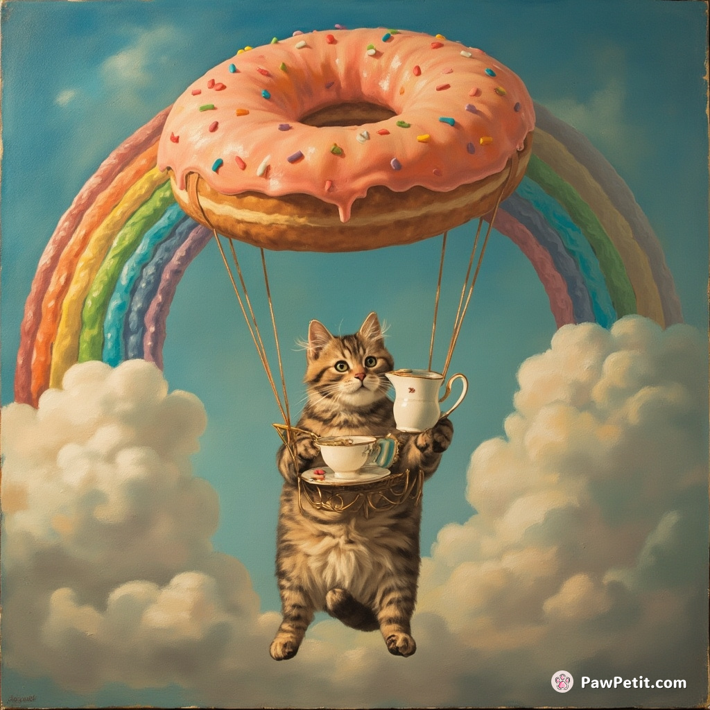 A cat parachuting from a donut-shaped rainbow cloud, clutching a tea set in its paws.