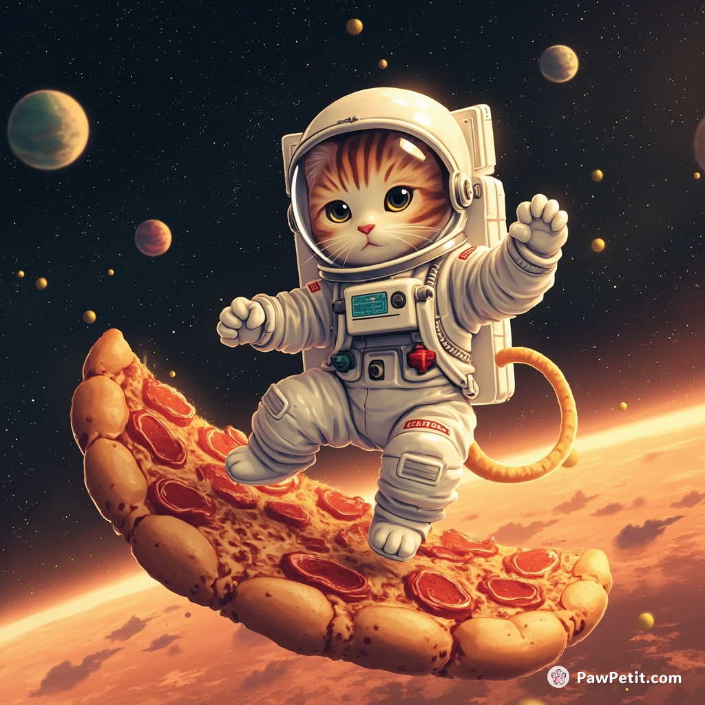 Cat in an astronaut suit tap-dancing on a floating, swirling slice of pepperoni pizza in space.