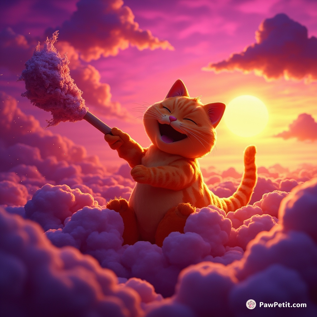 A dinosaur-sized, neon orange cat playfully batting at billowing storm clouds amidst a fiery purple sunset.