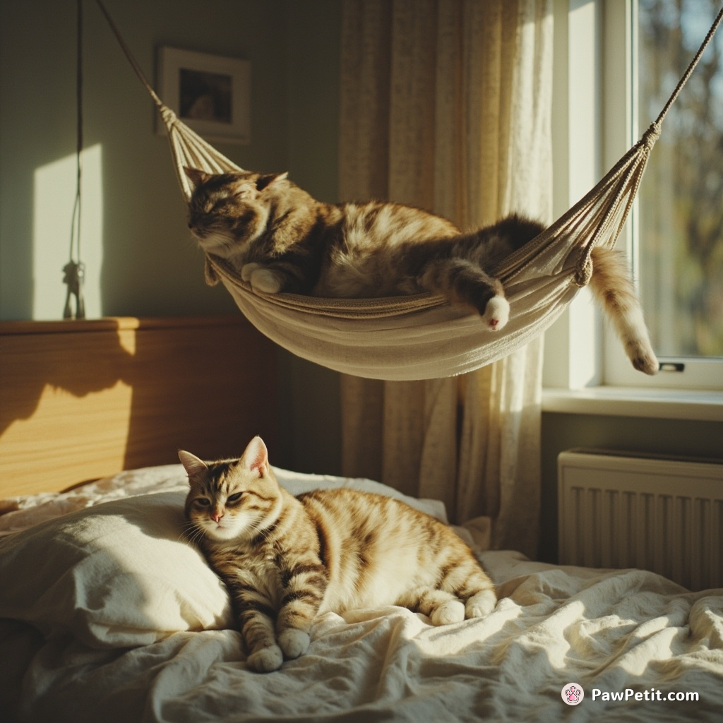 In a world where cats rule, they secretly engineer invisible hammocks above human beds for synchronized napping sessions.