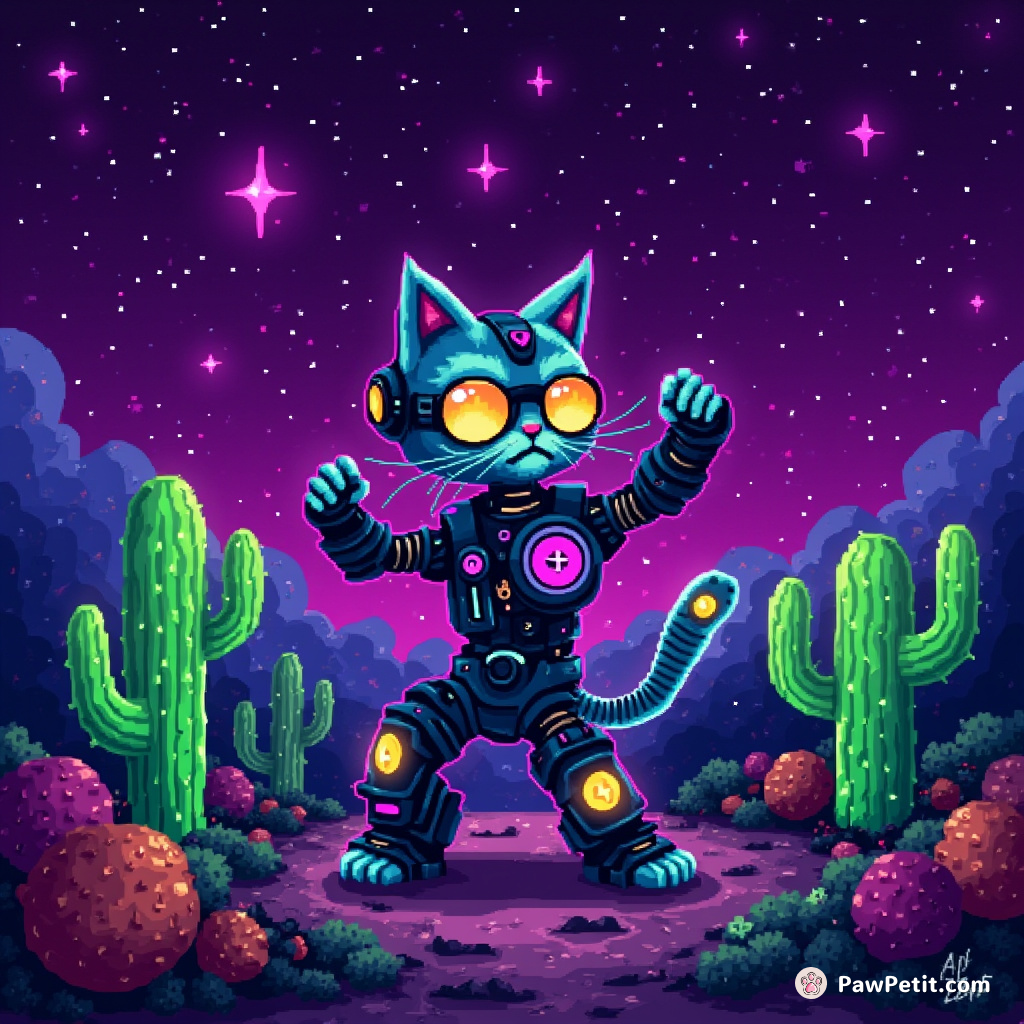 Cyborg cat dancing with glow-in-the-dark cactuses under a neon purple star-streaked sky.