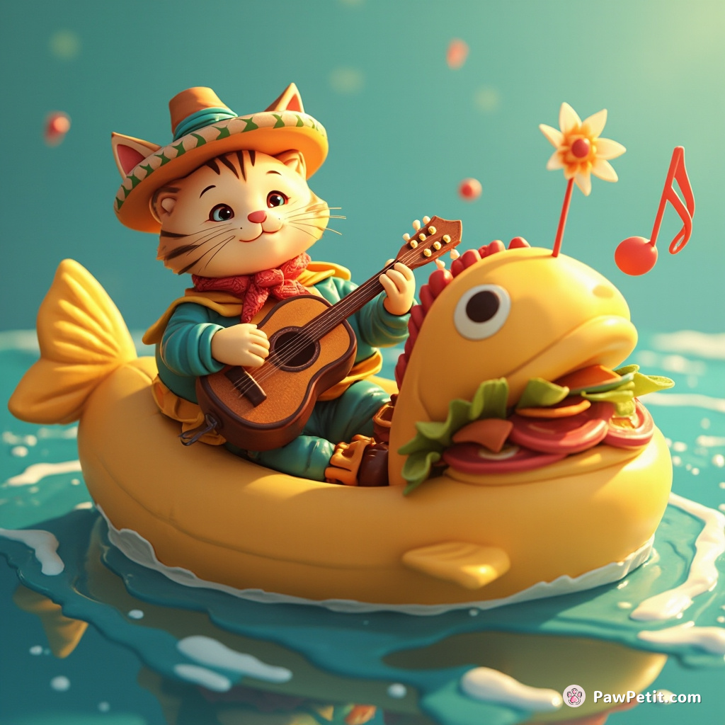 Cat performing a serenade with a mariachi band in the middle of a floating fish sandwich.