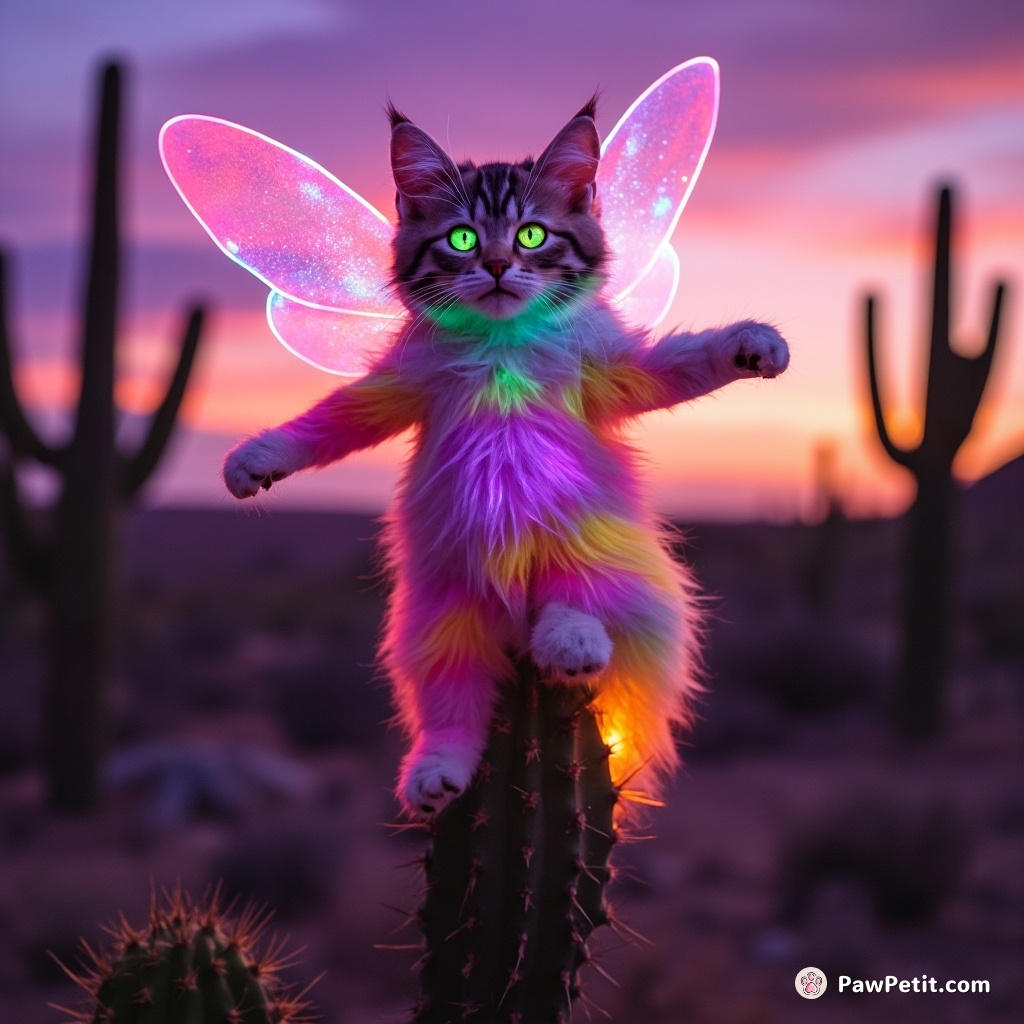 A neon-colored fairy cat with gossamer wings dancing on a cactus in an upside-down desert dusk.