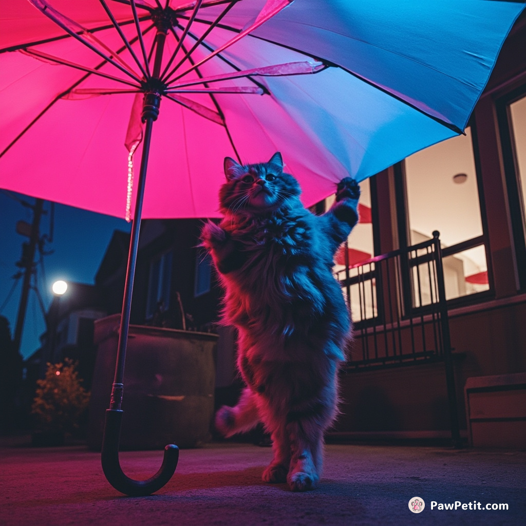 As rambunctious as a toddler, the cat flips open a patio umbrella, embracing chaos in its audacious exploration.