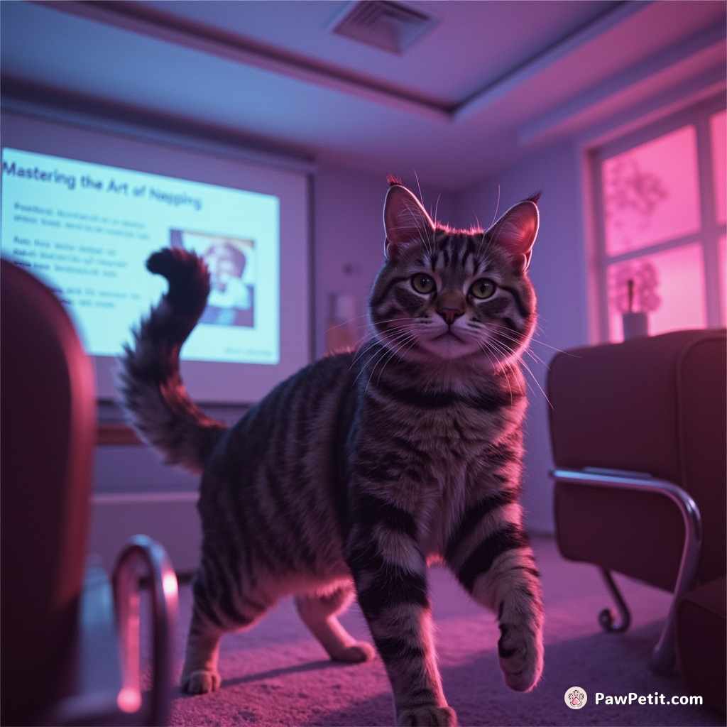 The cat dramatically strides into the boardroom, tail high, ready to deliver a PowerPoint on "Mastering the Art of Napping.