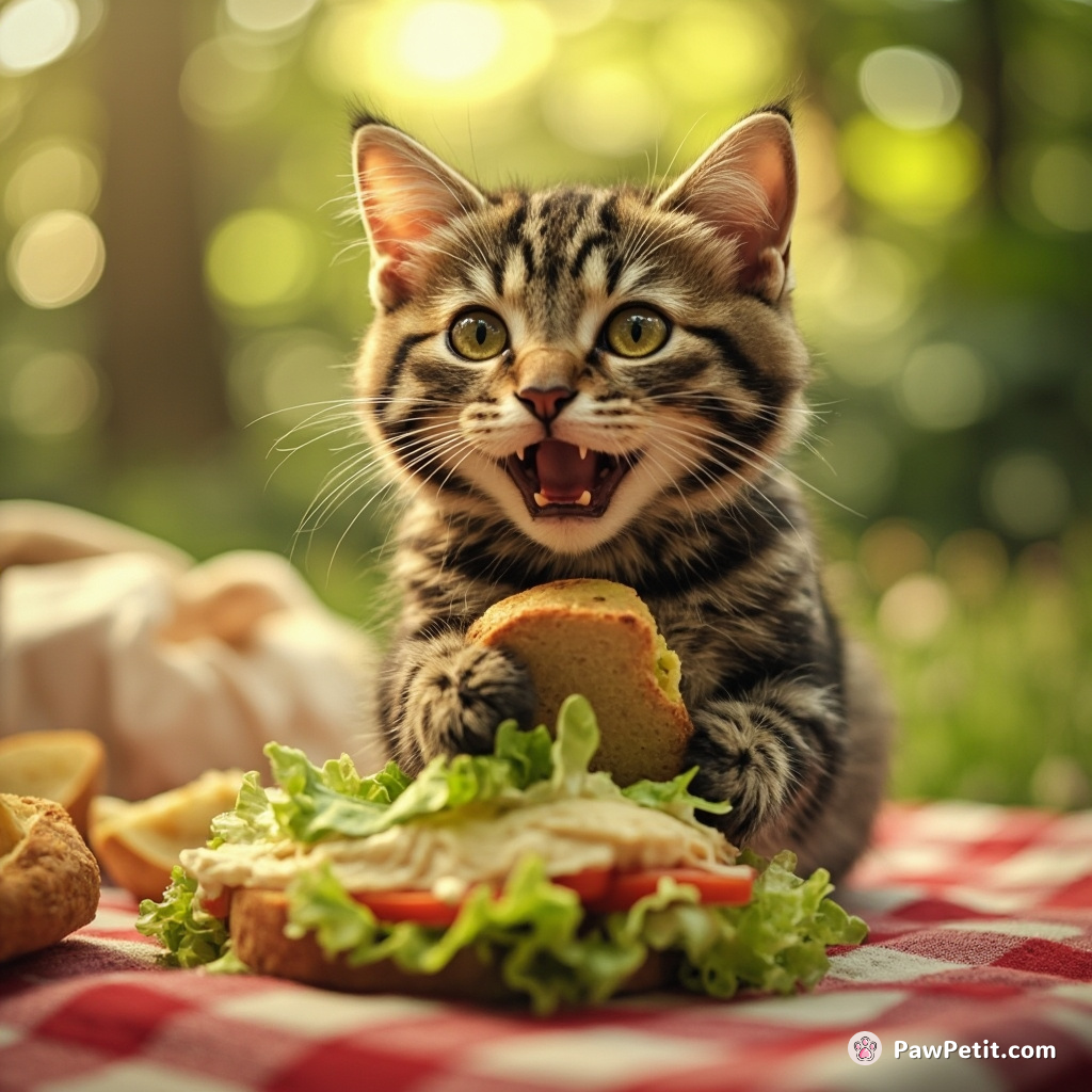 Comical sight: Tabby on picnic cloth with stolen sandwich, ferociously "making dough" on lettuce - a feline primitive baking!