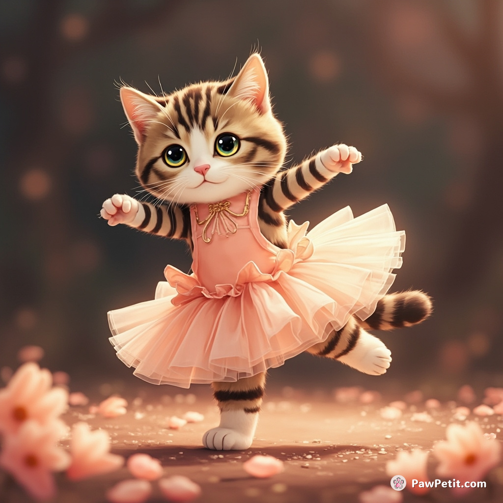 A dashing tabby, donning a tutu each evening, pirouettes fancifully—ballet lessons practicing for acquired human grace.
