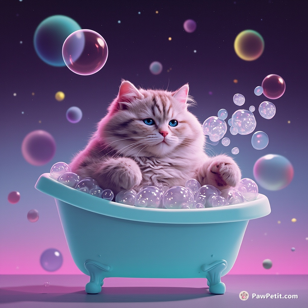 Chubby cat blowing bubbles in an intergalactic bathtub.