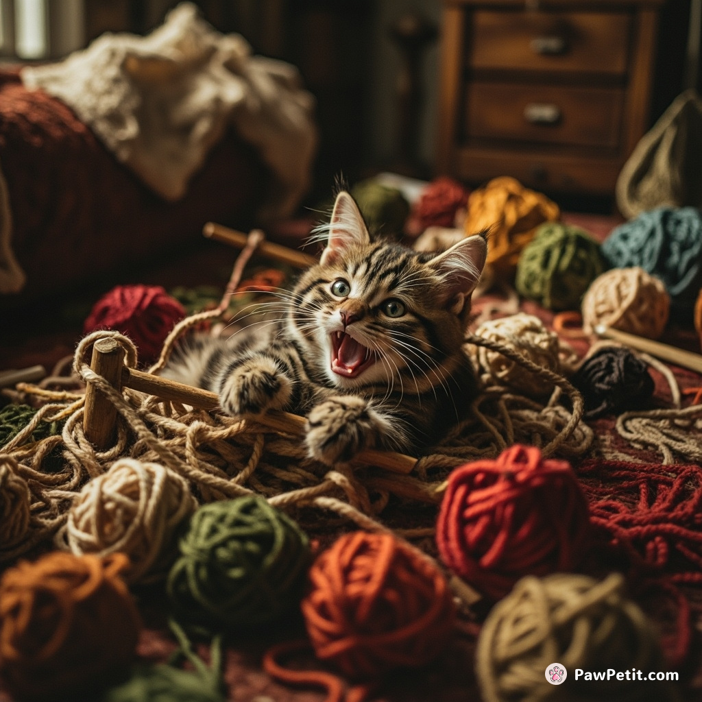 In amidst chaotic knitting session, the cat unwittingly entangles itself, tumbling through balls of wool and flailing anxiously.