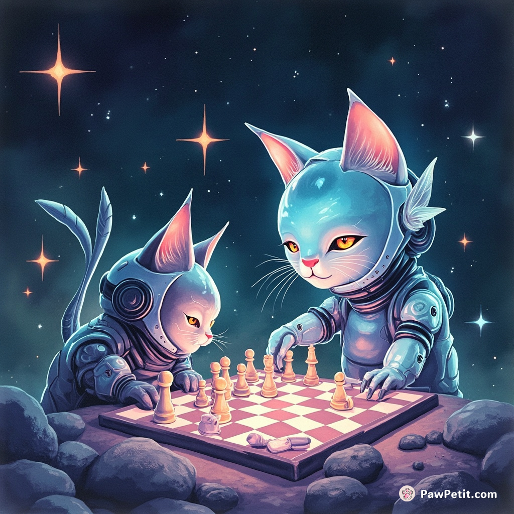 A futuristic cyborg cat playing intergalactic chess with a holographic alien fish, in zero gravity, surrounded by luminous neon stars.