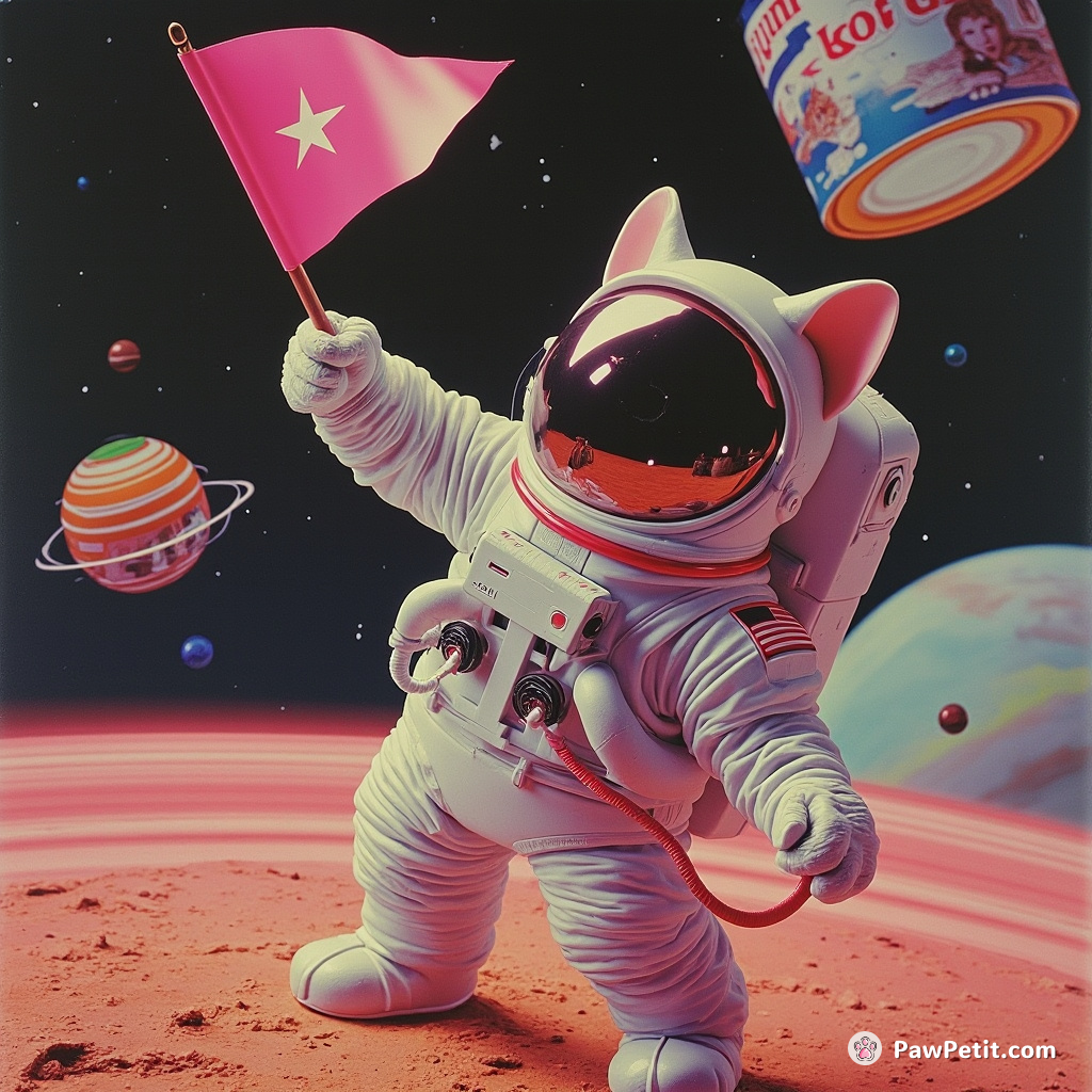 A feline astronaut planting a mouse-shaped flag on Saturn's rings, tuna can planets floating in the background.