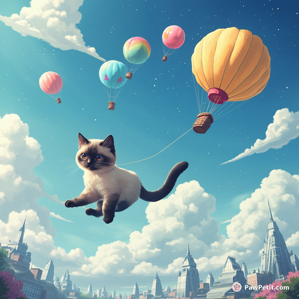 A levitating Siamese cat with a galaxy pattern fur tethering six mini hot air balloons, currently drifting just above an upside-down crystal city.