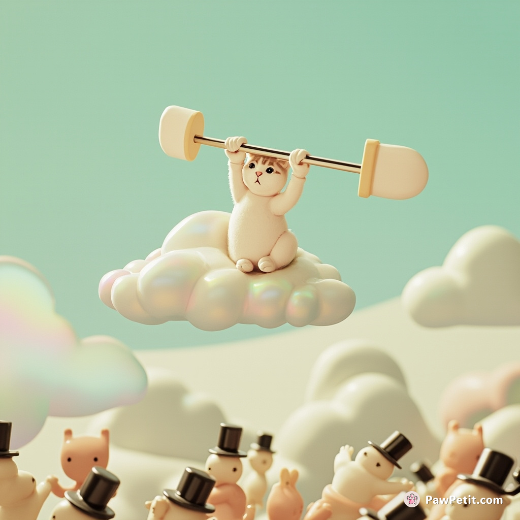 A cat weightlifting tiny barbells floating on blob-shaped, iridescent clouds, cheered on by a crowd of pea-sized aliens in top hats.