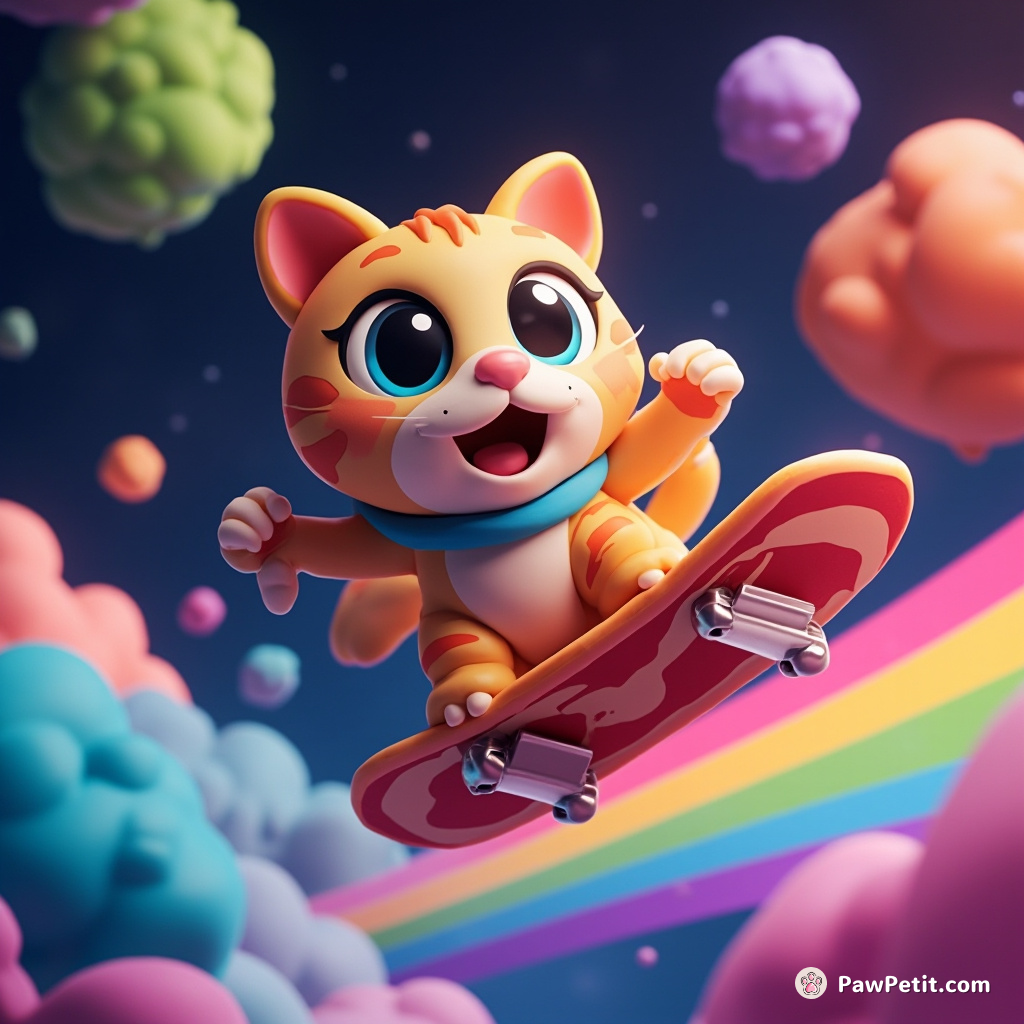 A cat surfing on a bacon strip in outer space with rainbow colored asteroids.