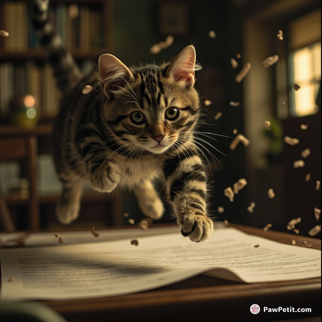 In the confusion, the cat leaps onto a table, knocking over a crucial document, revealing hidden truths.
