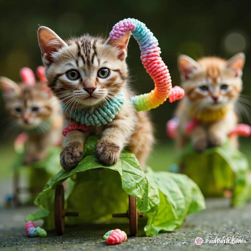 Cat-pillars: cats with tentacles, engrossed in a caterpillar race on leaf bikes.