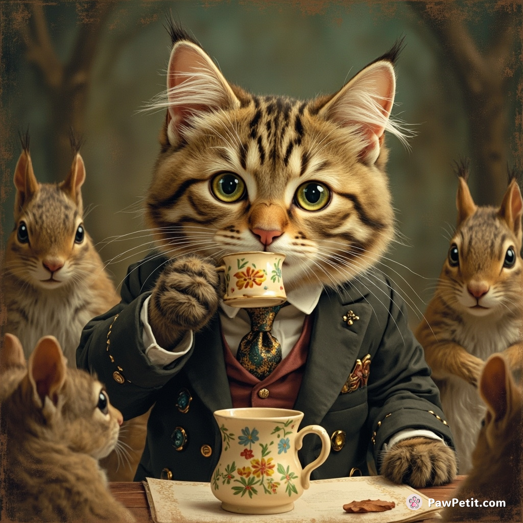 A cat dons a tiny suit, sips imaginary tea, and dramatically addresses a council of squirrels about "human affairs.