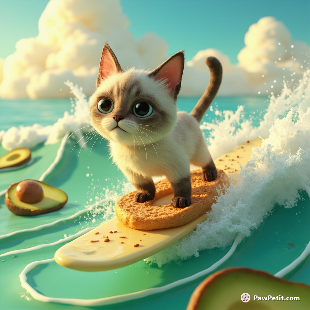 A striped siamese cat surfing a cream cheese wave on a toasted bagel board in midst of an avocado ocean.