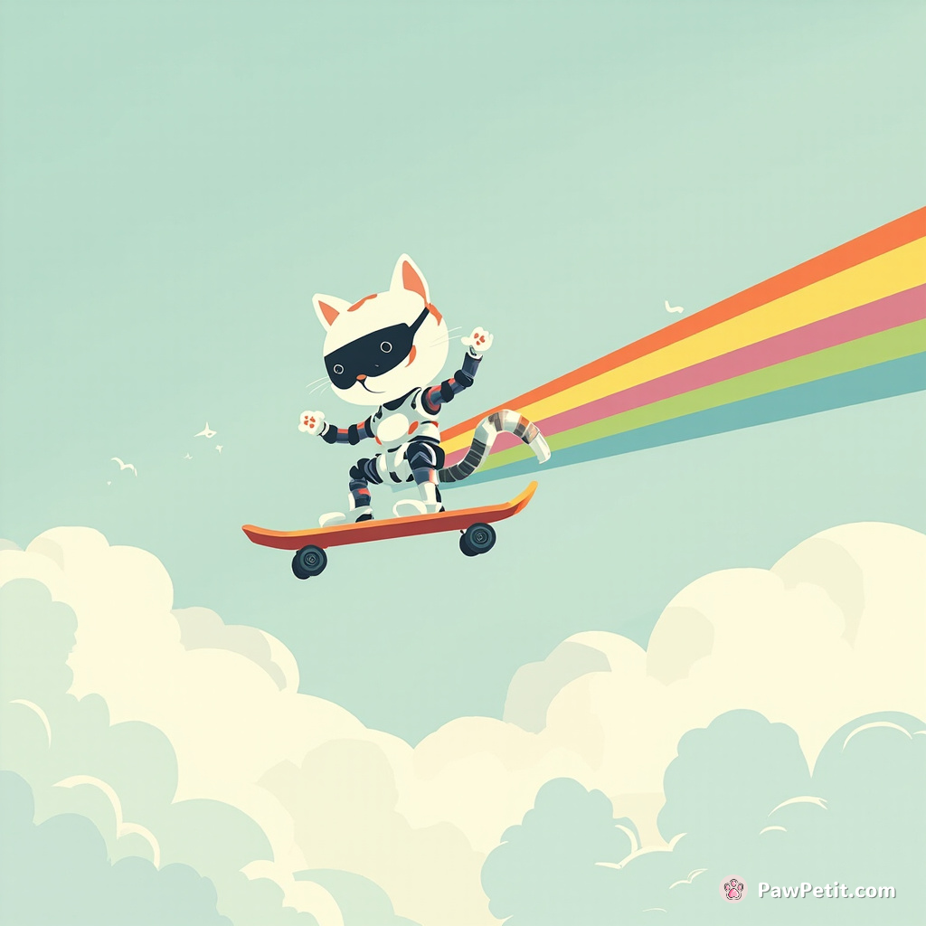 A cyborg cat skating on dream clouds, leaving rainbow contrails behind.