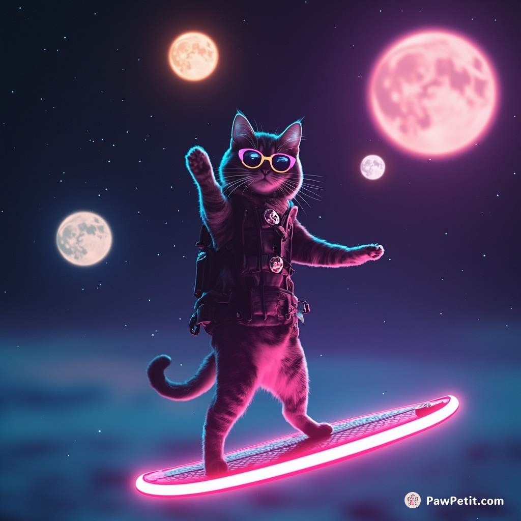 Cat juggling glowing moon rocks whilst balancing on a floating surfboard in outer space.