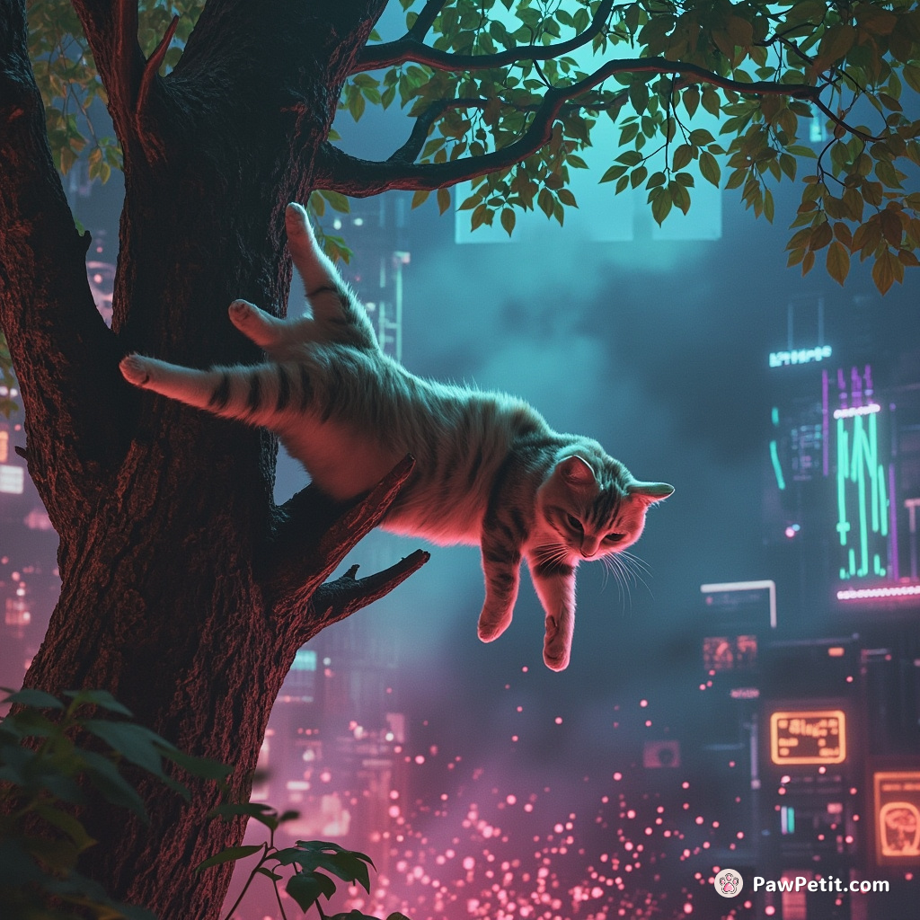 Cat scales a tree, pounces on a branch, and sprawls, mimicking a human's sunbathing, as chaos erupts below.